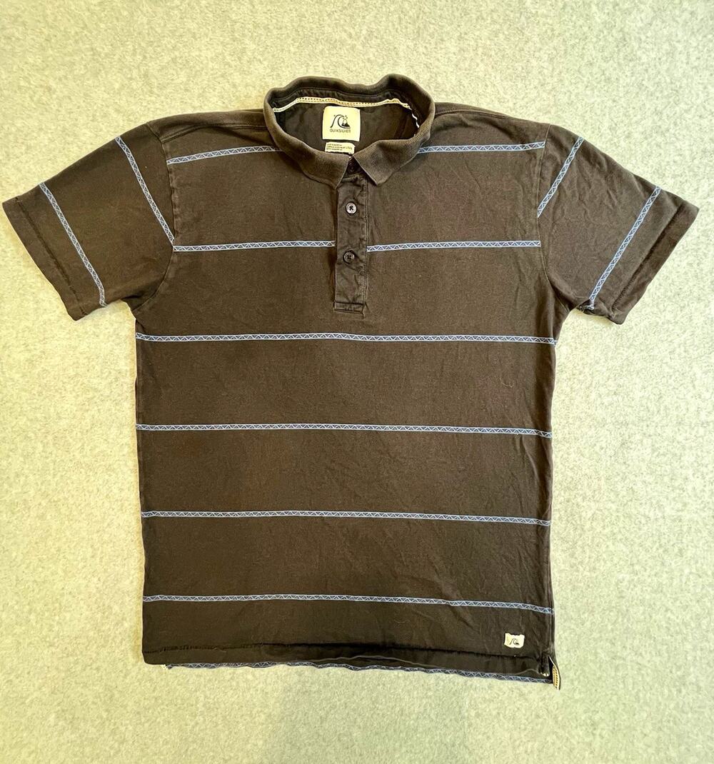 Quiksilver Men's Modern Fit Polo Shirt L Gray Blue Striped Short Sleeve Logo